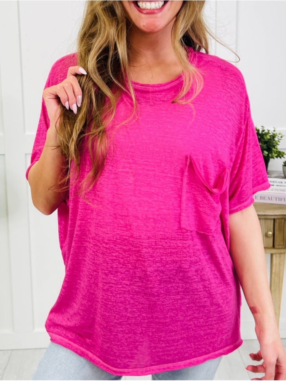 Zenana Outfitters Hot Pink Pocket Short Sleeve Tee